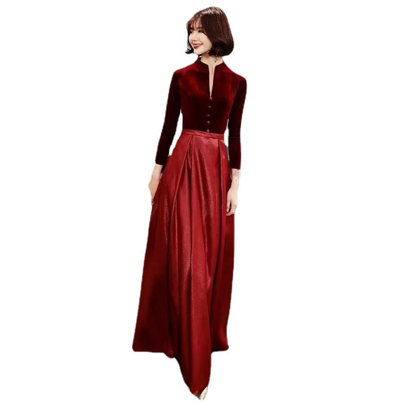 Elegant Velvet & Satin Maxi Dress - Long Sleeve Formal Evening Gown