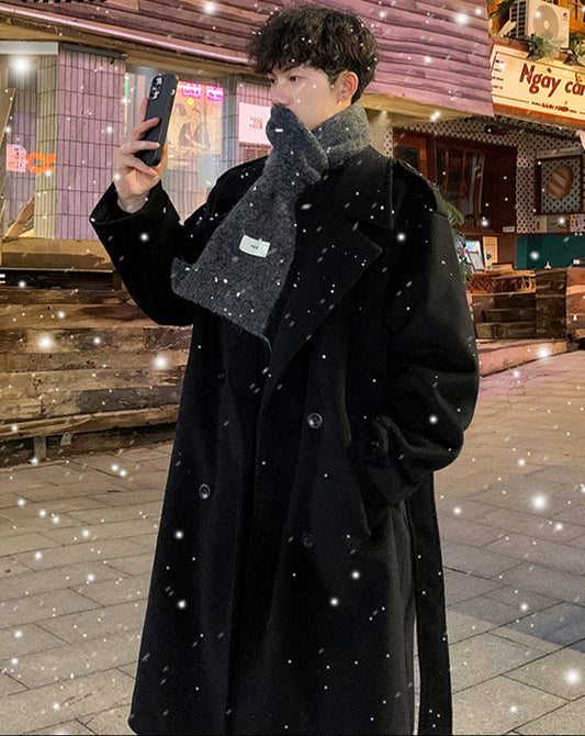 XHHX Retro Double-breasted Woolen Coat For Men In Winter Thickened Mid-length British Style Large Size Trendy Brand Woolen Coat