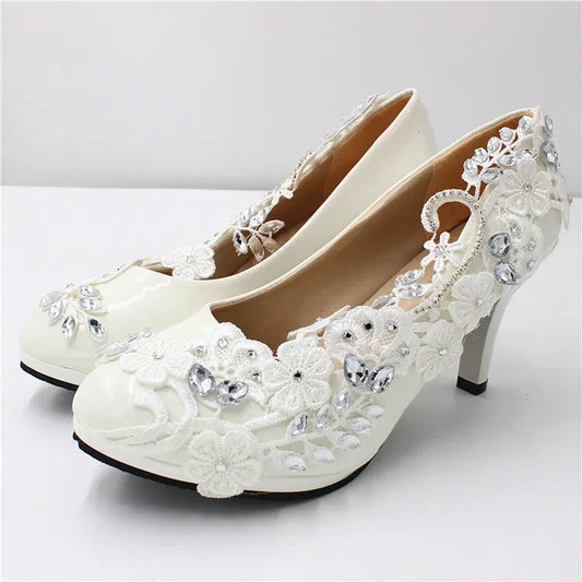 Elegant crystal-embellished bridal heels, handcrafted to order with refined lace detailing.