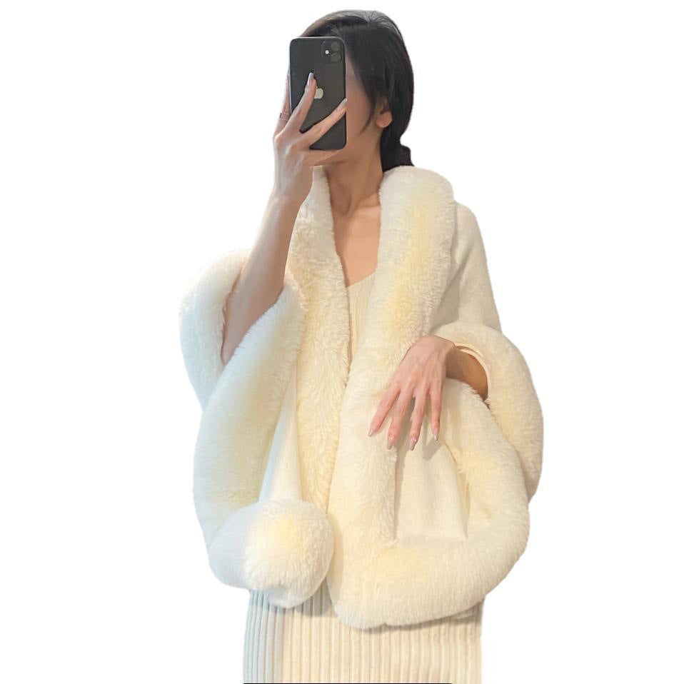 Autumn And Winter New Gentle Elegant Woolen Cloak Shawl Solid Color Imitation Rex Rabbit Fur Women's Large Size Knitted Cardigan Jacket
