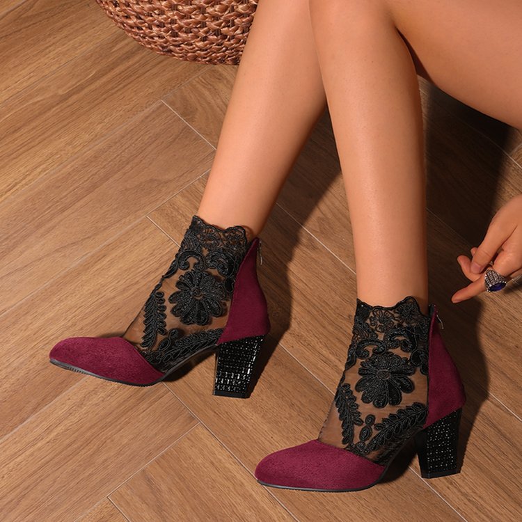Lace Mesh Block Heel Ankle Boots - Elegant Floral Sheer