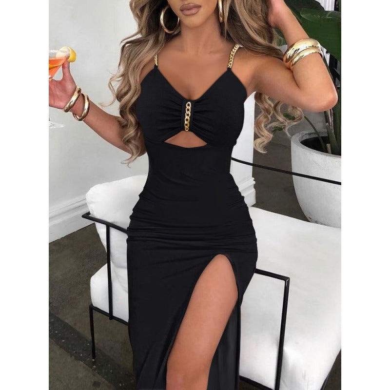 8076 European And American Autumn Clothes AliExpress Independent Station Skirt Women's Chain Shoulder Straps Slit Suspender Dress Women