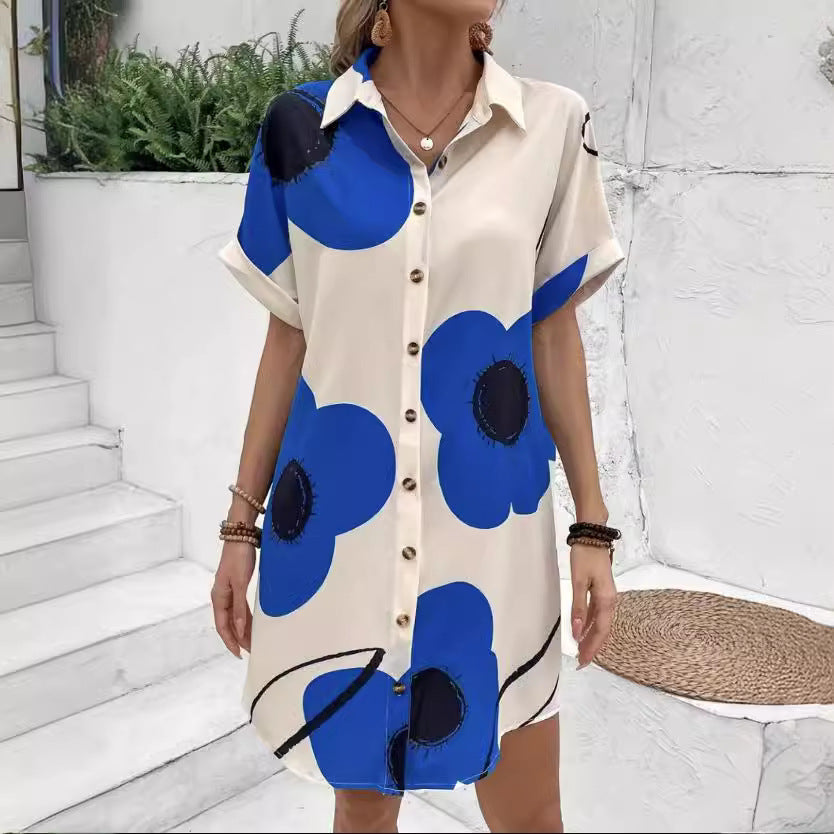 New Summer Large Size Women's Printed Pleated Loose Shirt Skirt