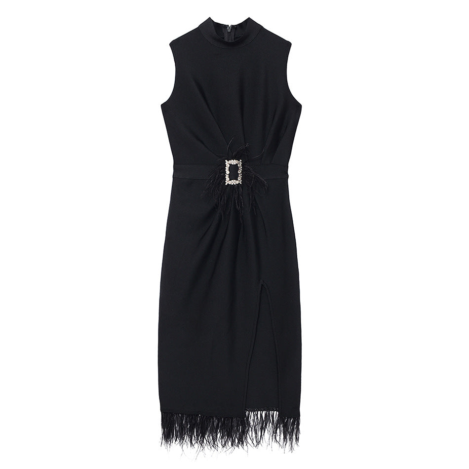 Spot 2022 Summer Dress New Korean Style Temperament Waist Slim Split Black Feather Professional Dress Fashion Female