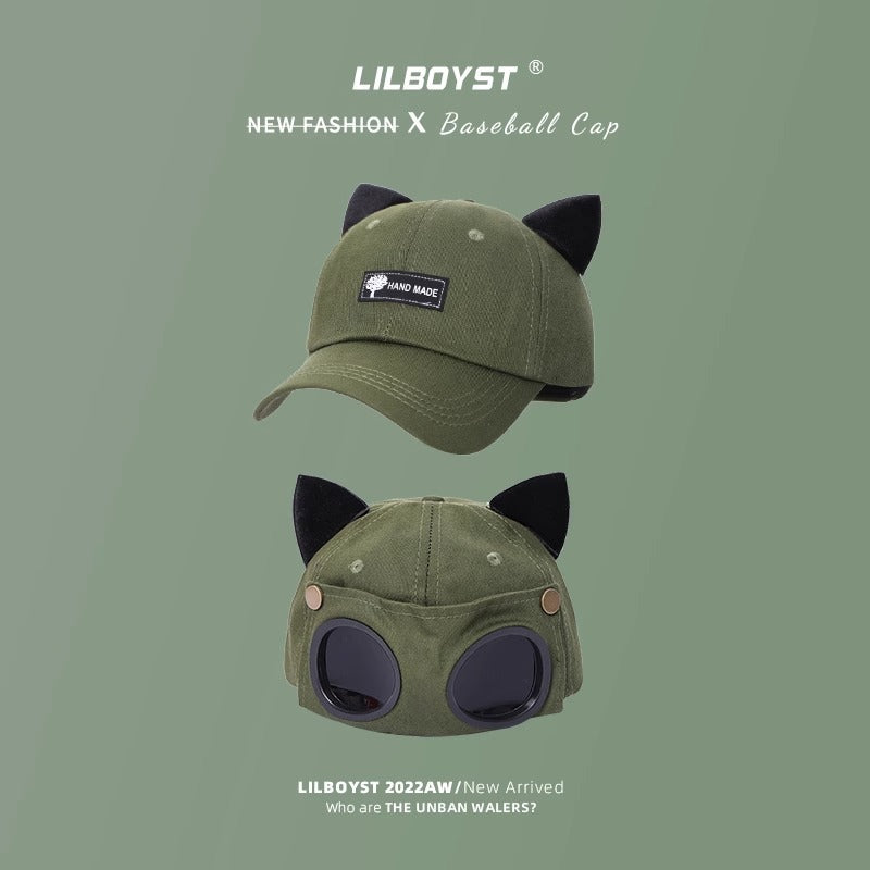 Cute Cat Ears Pilot Hat Glasses Baseball Cap Women's Sunglasses Peaked Cap Men's Big Head Wai Trendy Brand