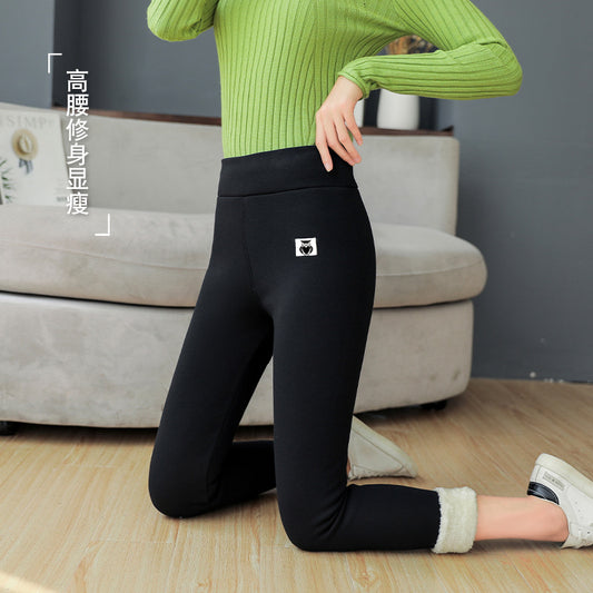 Cross-border Lamb Velvet Plus Velvet Thickening Autumn And Winter Bottoming Cotton Pants Women's Outer Wear High Waist Black Warm One-piece Velvet Pencil Pants