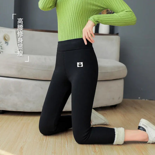 Cross-border Lamb Velvet Plus Velvet Thickening Autumn And Winter Bottoming Cotton Pants Women's Outer Wear High Waist Black Warm One-piece Velvet Pencil Pants