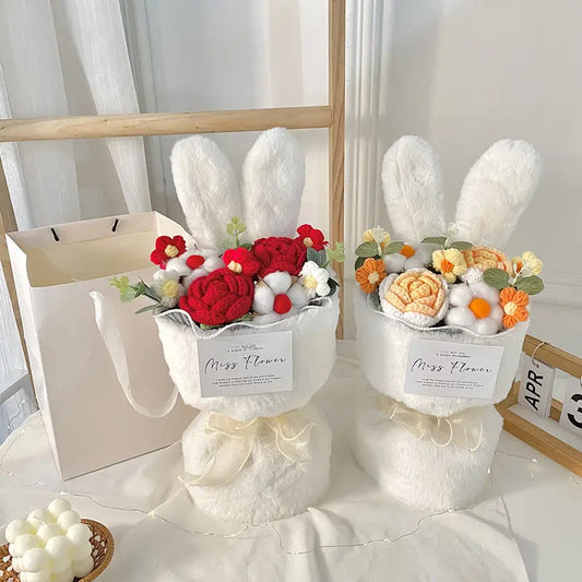 Cartoon Doll Bouquet Plush Knitted Bouquet Rabbit Ears Holding Flower Birthday Gift Atmosphere Decoration Bouquet Wholesale