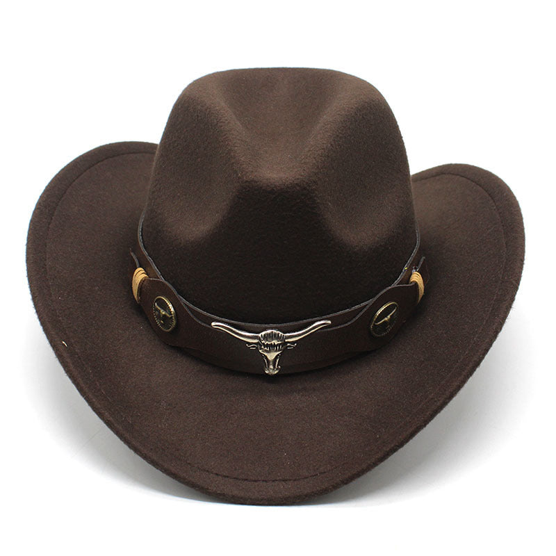 Top Hat Ethnic Style Bullmark Western Cowboy Top Hat Roll Brim Retro Horseback Riding Hat Wool Felt Hat