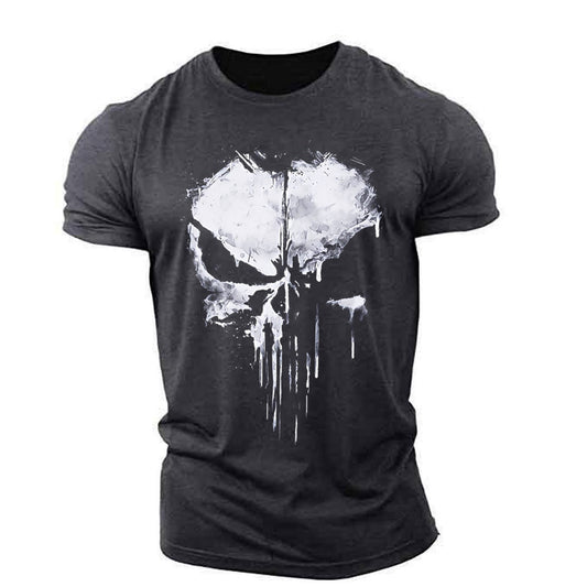 Streetwear skull graphic t-shirt featuring dripping paint effects, available in multiple bold colors—perfect for edgy fashion lovers.