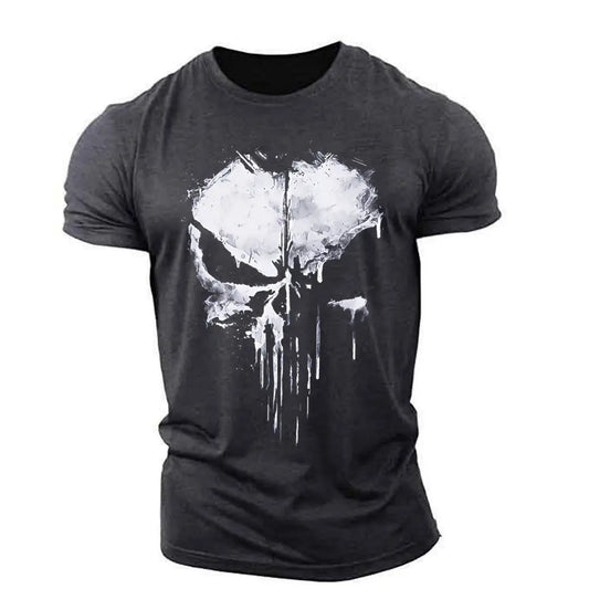 Streetwear skull graphic t-shirt featuring dripping paint effects, available in multiple bold colors—perfect for edgy fashion lovers.