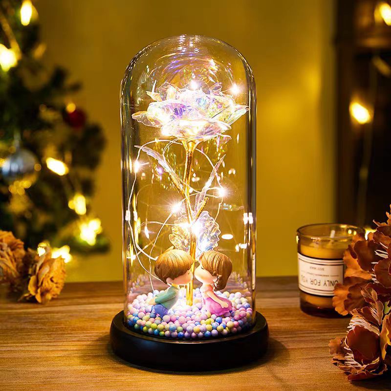 Eternal Rose Simulation Flower Doll Couple Glass Lampshade Tanabata Gift Birthday Gift Nightlight Ornaments