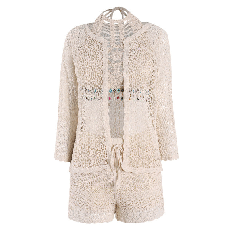Fashionable Beach Holiday Ethnic Style Bikini Knitted Sexy Hollow Backless Small Suspenders Shorts Outer Shirt Three-piece Set
