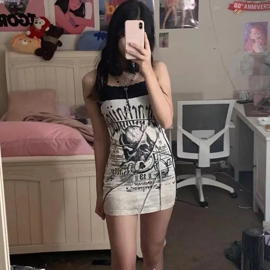 Splicing Sling Slim Dress Package Hip Skirt Subculture Punk Babes Shibuya Goth Dark Skull