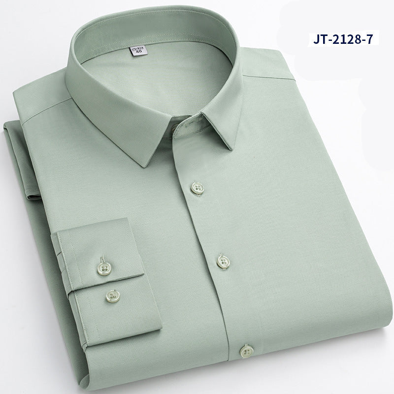 Premium stretch silk men’s long-sleeve button-up shirt in a solid white color, worn by a seated individual, showcasing smooth luxurious fabric and business-ready styling.
