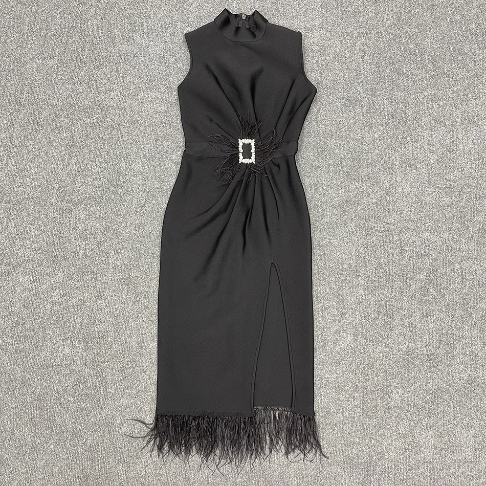 Spot 2022 Summer Dress New Korean Style Temperament Waist Slim Split Black Feather Professional Dress Fashion Female