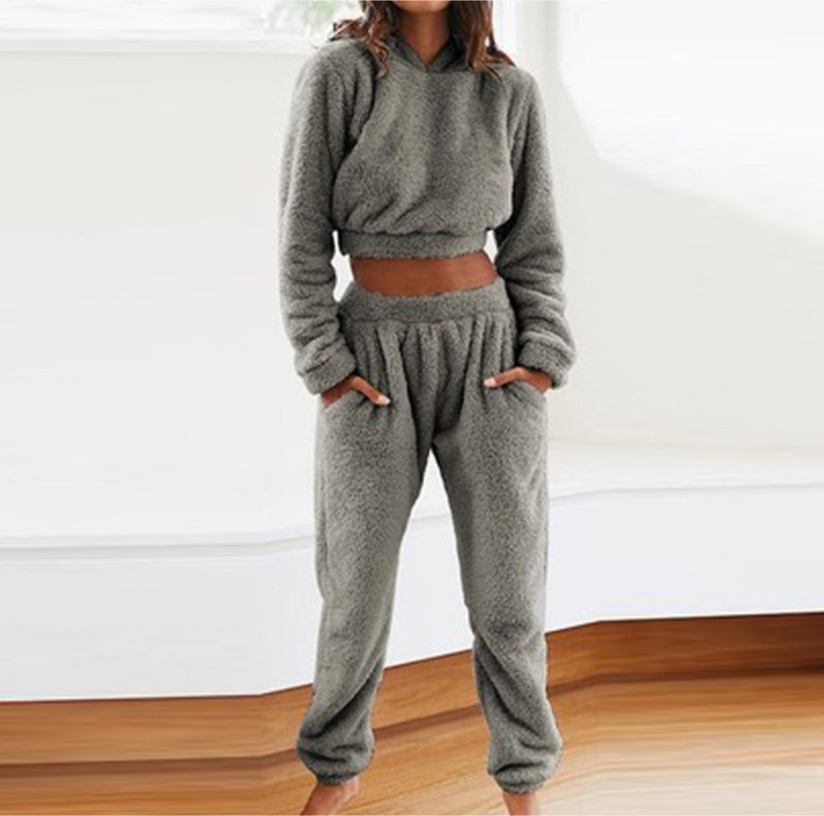 Women's Plush Hooded Long-sleeved Top Elastic Waist Trousers Casual Two-piece Set