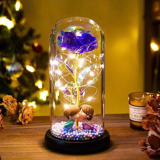 Eternal Rose Simulation Flower Doll Couple Glass Lampshade Tanabata Gift Birthday Gift Nightlight Ornaments