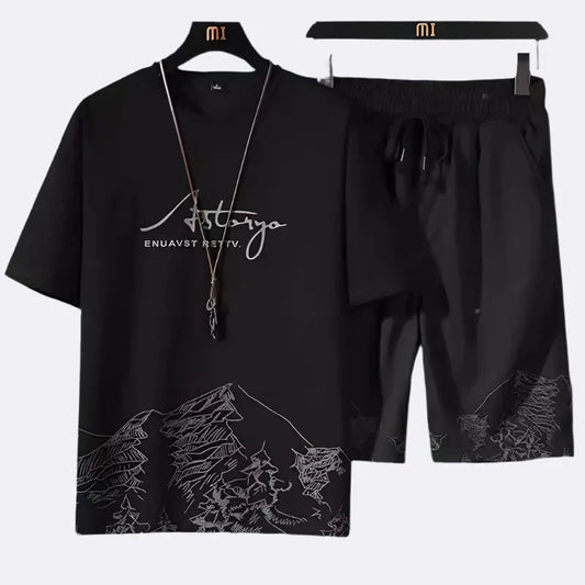 Summer Casual Suit Men's Ultra-thin Quick-drying Ice Silk Short-sleeved T-shirt Sports Shorts Running Two-piece Suit