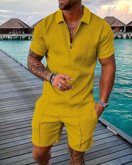 Casual short-sleeve shirt & shorts set available in red, yellow, blue, gray, turquoise, black, and pink – sleek tailored fit, lightweight, and perfect for summer styling.