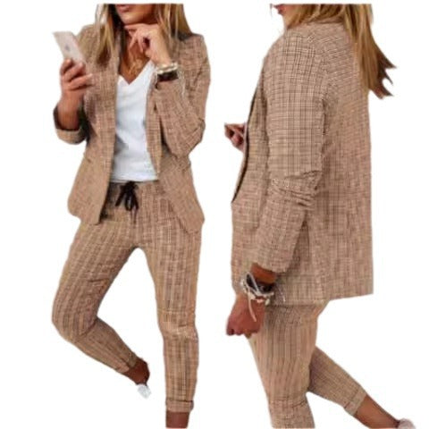 New 2024 European And American Women's Plaid Casual Slim-fit Lap-up Suit With Lace-up Pants Suit
