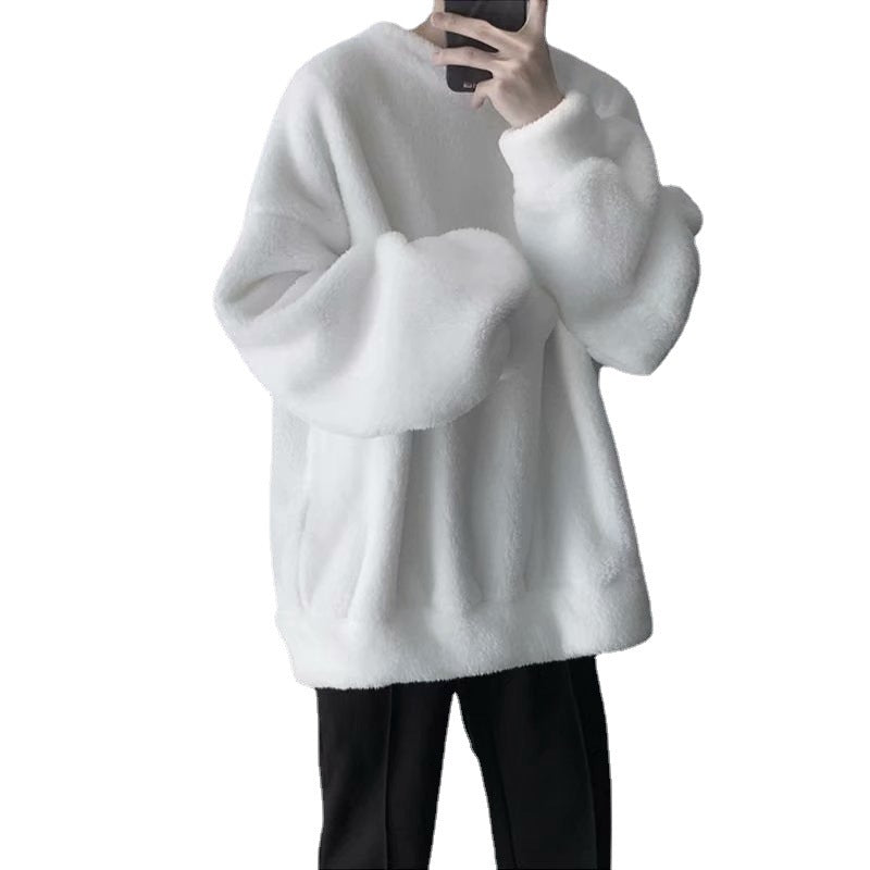 Winter Hong Kong Style Lamb Wool Sweater Men's Autumn Round Neck Loose Fleece-lined Thick Casual All-match Coat Trendy Couple's Top