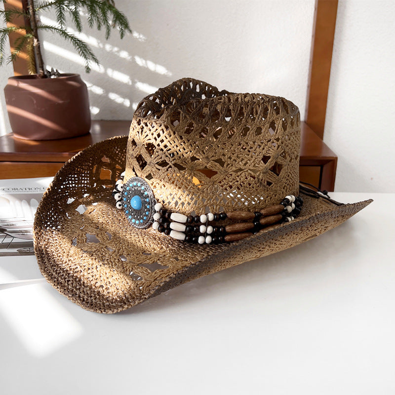 Hollow Straw Knight Hat Women's Summer National Style Sunscreen Sun Hat Western Cowboy Straw Hat Men's Mountaineering Sun Visor Hat