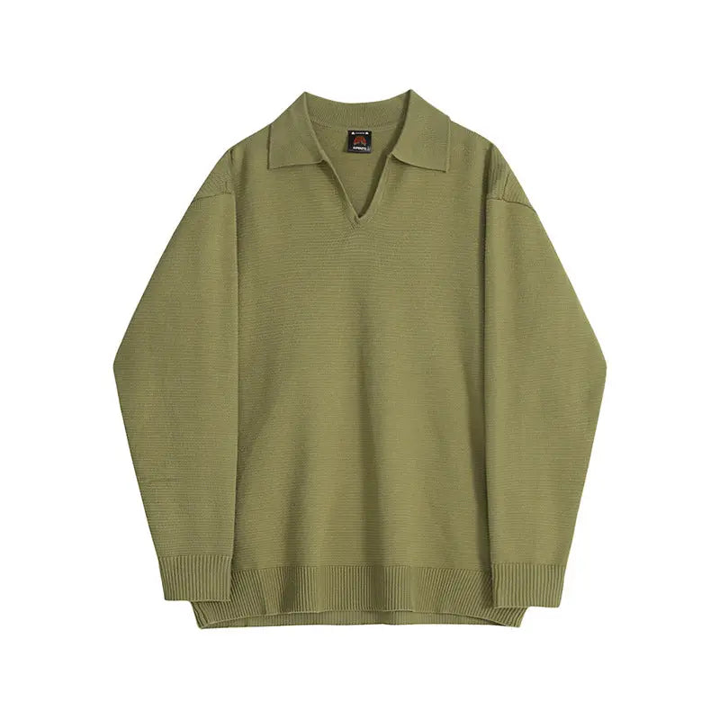 Green long-sleeve knitted sweater featuring a structured V-neck collar, ribbed cuffs, and hem, laid flat against a white background—classic, versatile, and perfect for layering.