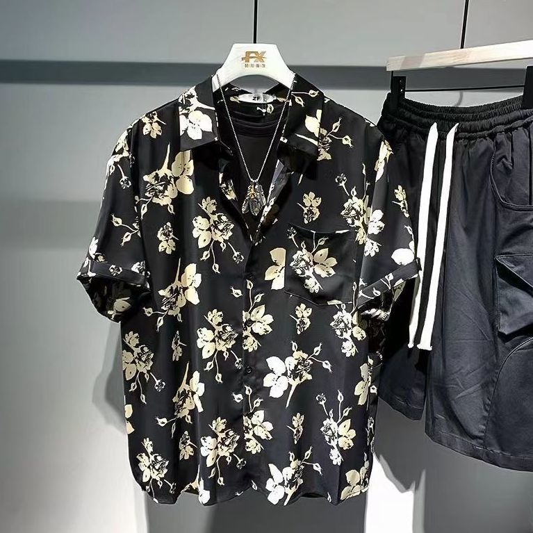 Stylish floral short-sleeve shirt available in black and army green – featuring a bold beige floral print, soft breathable fabric, and effortless styling