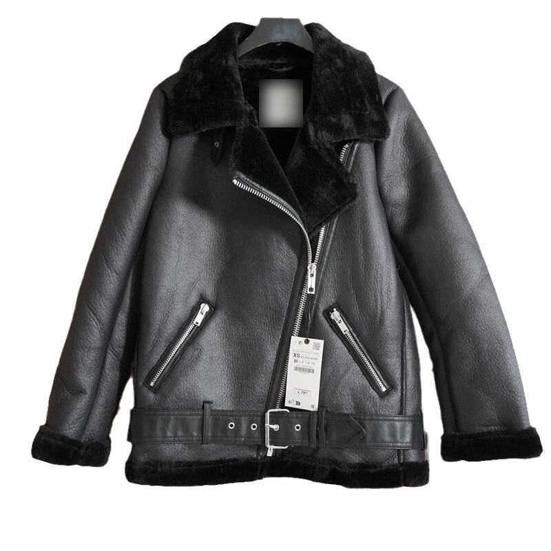 Original-2969/262 Women's Black Faux Fur Motorcycle Jacket Autumn And Winter New Loose