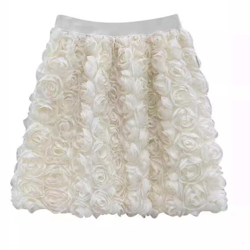 South Korea Elegant White High Waist Three-Dimensional Rose Decorative Feminine Skirt Sweet Age-Reducing A- Line Hip Skirt