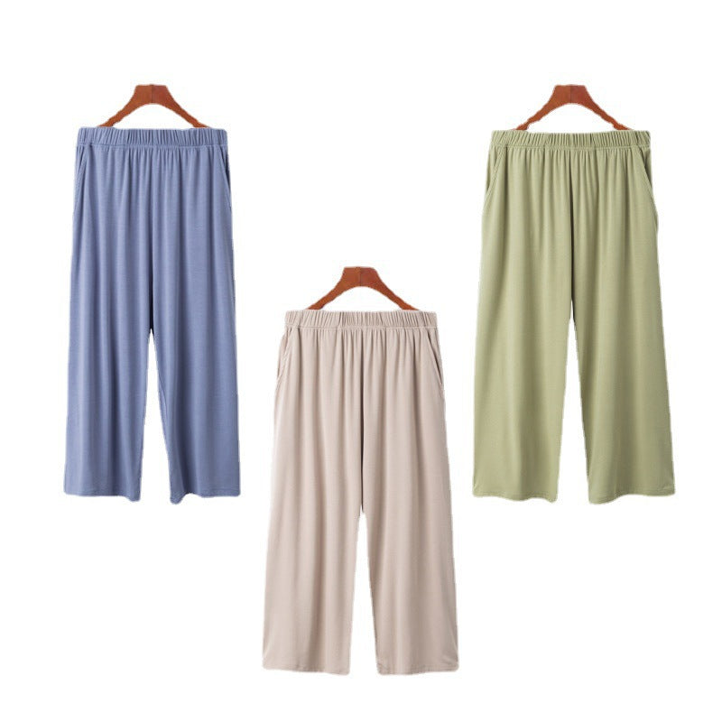 Ladies Charmodal Short Sleeve Cropped Pants Pajamas Home Large Size Suit With Bra Pads Cups All-in-One Solid Color Thin Section