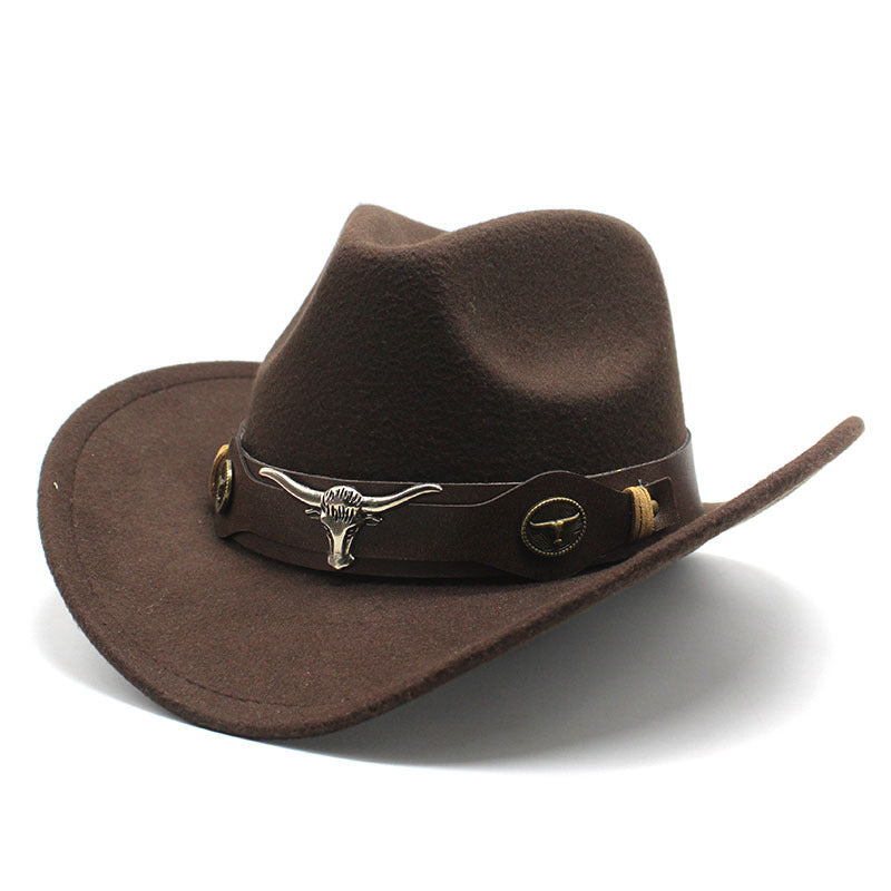 Top Hat Ethnic Style Bullmark Western Cowboy Top Hat Roll Brim Retro Horseback Riding Hat Wool Felt Hat