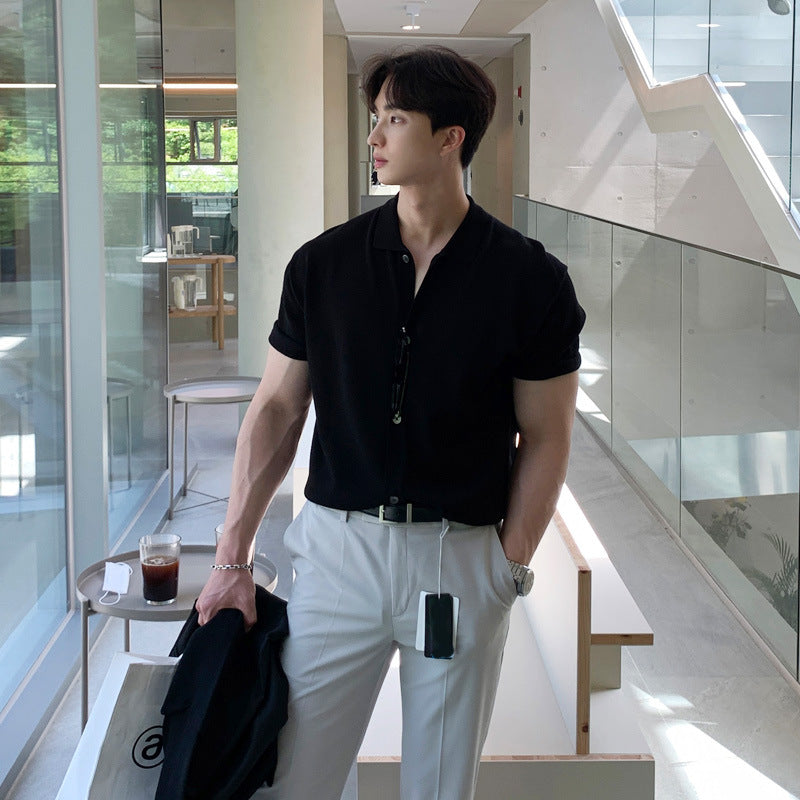 Short-sleeved Men's Summer New Trendy Men's All-match Polo Shirt Casual Lapel T-shirt Lazy Style Cardigan Knitted T-shirt Trendy