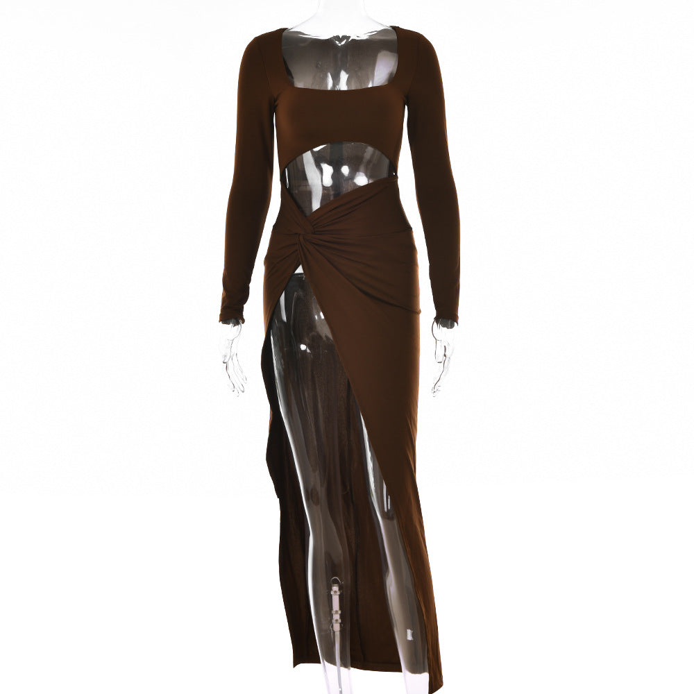Women's Sexy High Slit Hollow Long Skirt Long-sleeved Dress