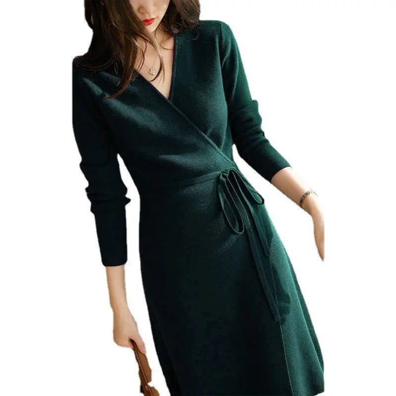 V-neck Knitted Dress Women's Autumn And Winter French Retro Slim Mid-length Skirt Tie-up High Waist Bottoming Sweater Skirt