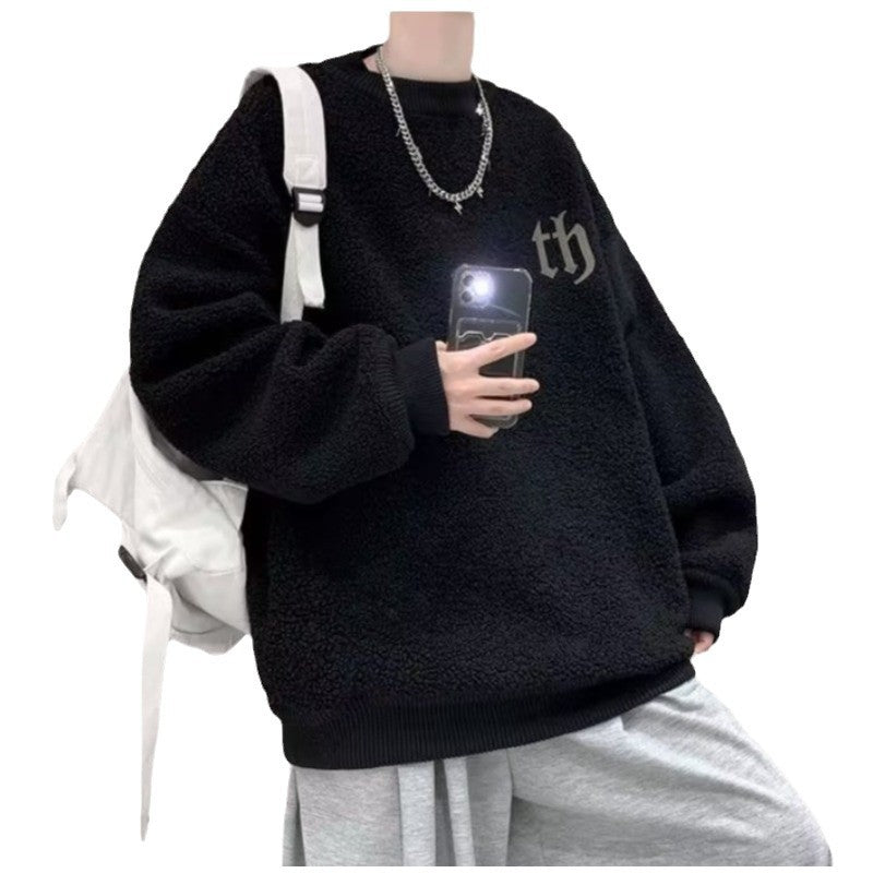 Fleece-lined Sweatshirt Men's Winter Inner Thickened Round Neck High School Top Trendy Brand Loose Teenager Lamb Wool Jacket