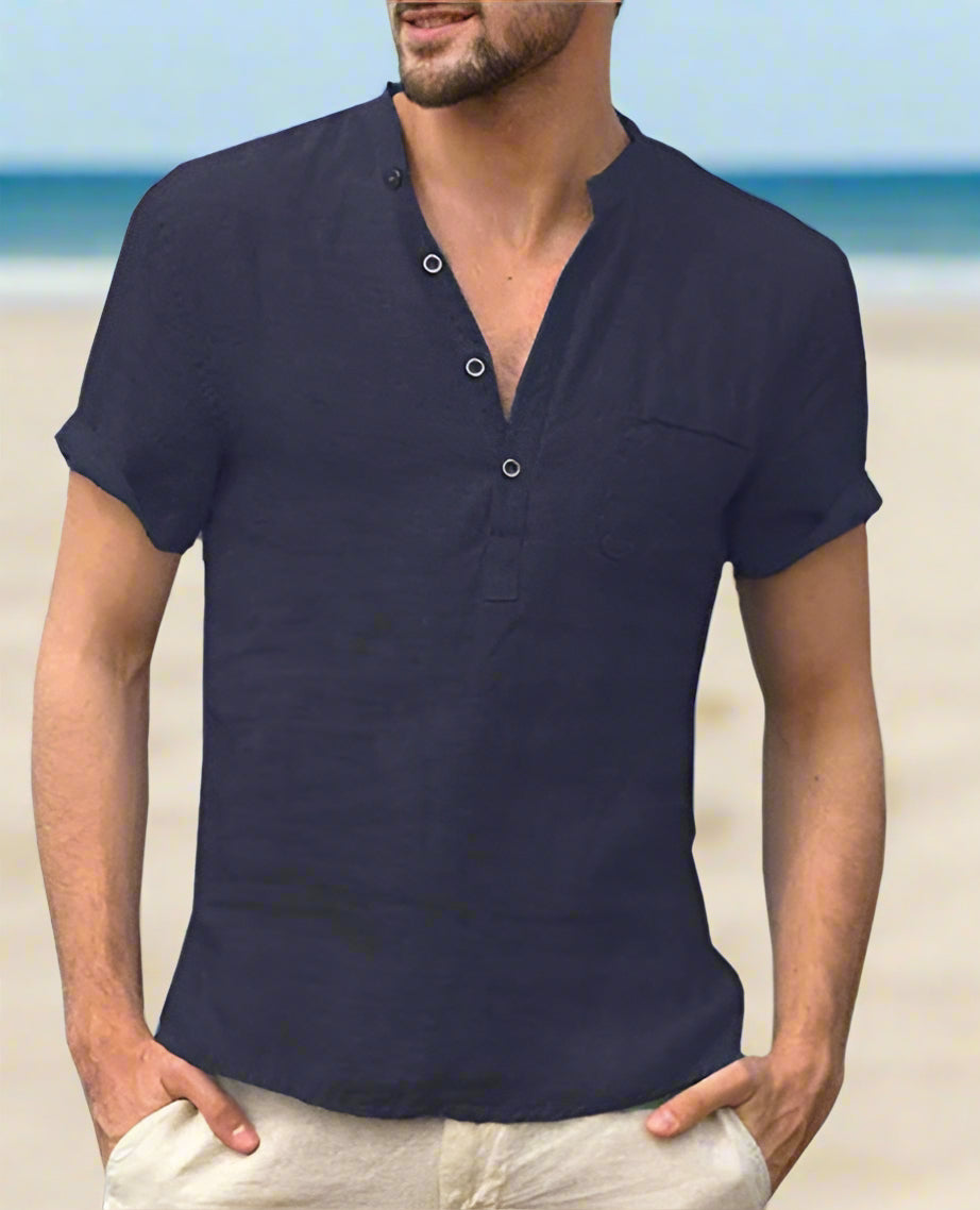 Cotton-linen short-sleeve shirt available in white, black, light blue, grey, beige, dark green, and dark blue—featuring a mandarin collar, half placket, and breathable fabric for stylish everyday wear.