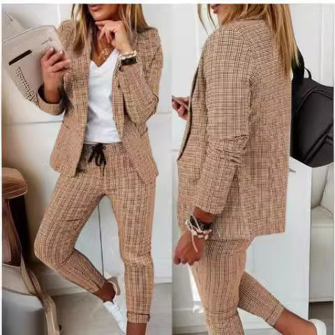 New 2024 European And American Women's Plaid Casual Slim-fit Lap-up Suit With Lace-up Pants Suit