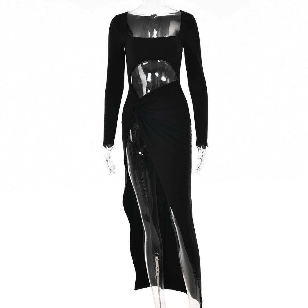 Women's Sexy High Slit Hollow Long Skirt Long-sleeved Dress