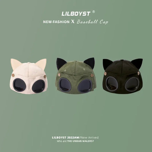 Cute Cat Ears Pilot Hat Glasses Baseball Cap Women's Sunglasses Peaked Cap Men's Big Head Wai Trendy Brand