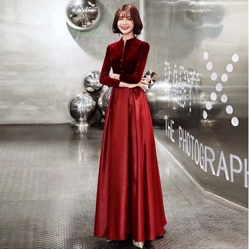 Elegant Velvet & Satin Maxi Dress - Long Sleeve Formal Evening Gown