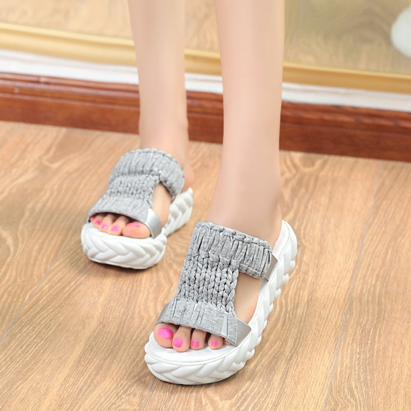 Wool Slippers Women's New Fashionable Korean Style One-word Outer Wear Thick Bottom Platform Sandals Casual Mid-heel Knitted Women's Trendy Shoes