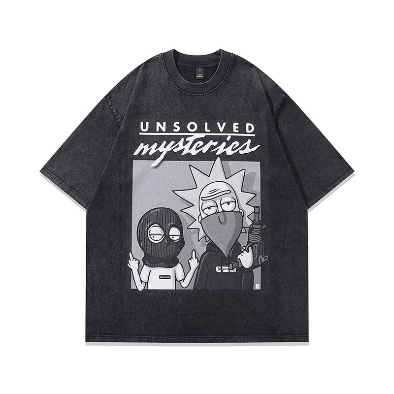 American Style Hip Hop West Coast Cartoon Printed Washed Distressed Half Sleeve T-shirt Men And Women Retro Fashion Brand Dark Short Sleeve T