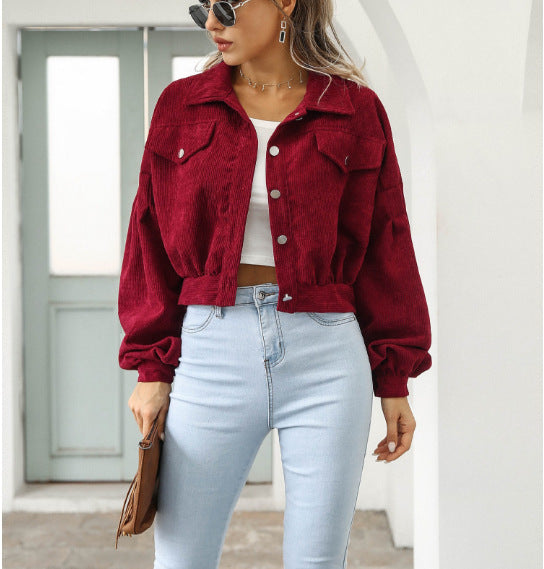 Amazon 2023 European And American Autumn And Winter Casual Lapel Corduroy Jacket Lantern Sleeve Single Breasted Short Jacket Women's Clothing