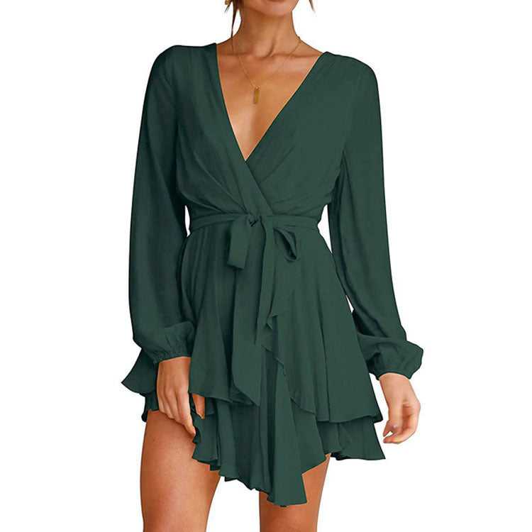 Deep V Neck Long Sleeve Dress Waist Tie Pleated Mini Skirt Skate Skirt