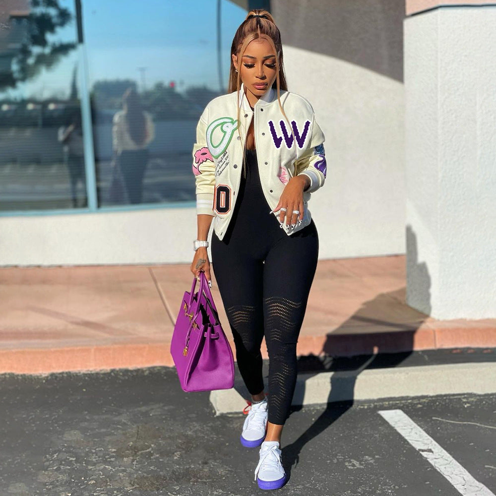 N9082I European And American Women's Autumn And Winter New Color Matching Press Button Fashion Printing Double-layer Thread Baseball Jacket