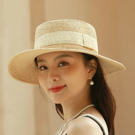 Straw Hat Women's Summer Flat-brim Sunshade Hat Women's Rafi Grass Hat Women's Straw-woven Flat-top Sun Hat Foldable Trendy