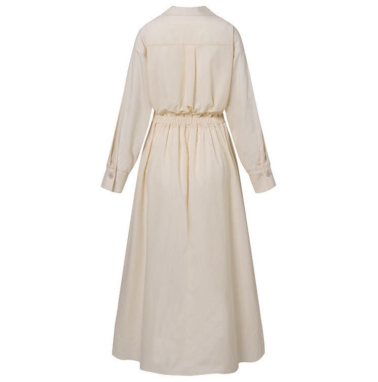 Elegant Long Sleeve Shirt Dress with Pockets - Maxi Waist Tie Dress Plus Size