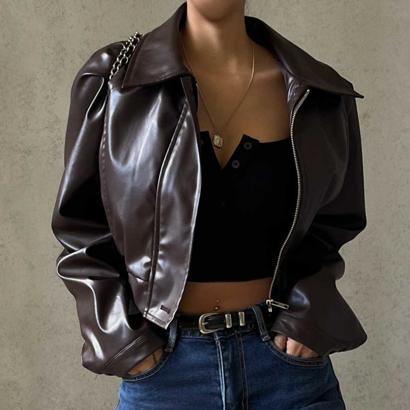 Autumn New Style Retro Temperament Lapel Zipper PU Leather American Casual Jacket